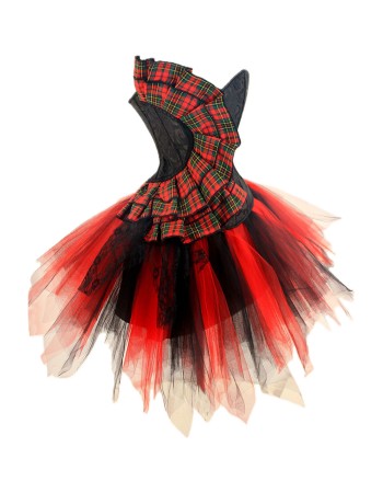 Traditional Checkered Lace Jacquard Corset Black and Red Mixed Color TUTU Chiffon Dress 2277