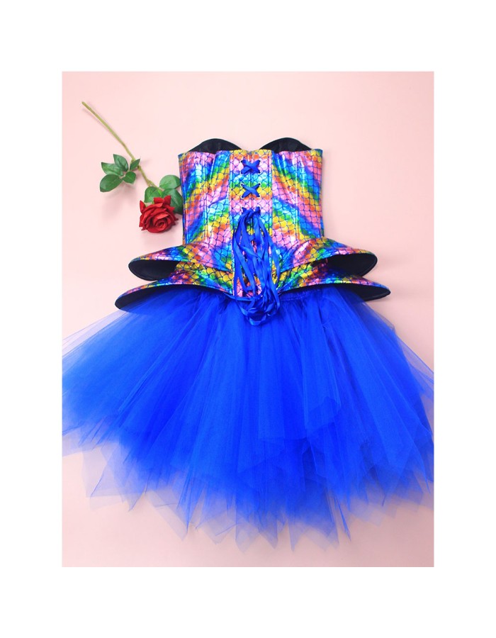 Fish Phosphorus Printed Corset Dance Performance Corset Puffy Skirt Stage Blue Corset 2406