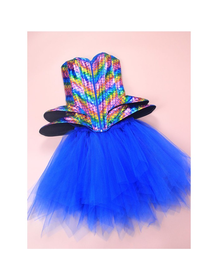 Fish Phosphorus Printed Corset Dance Performance Corset Puffy Skirt Stage Blue Corset 2406