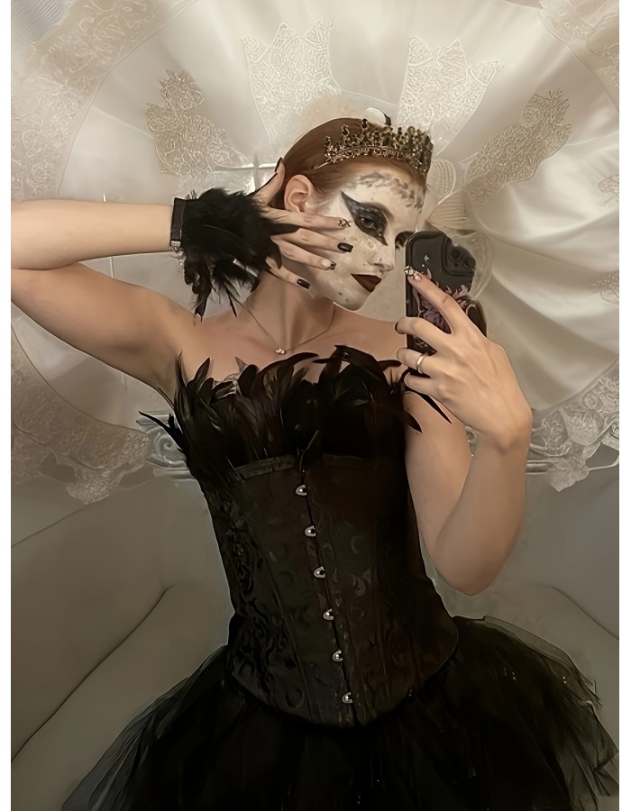 Jacquard Tight Fitting Corset Slimming Swan Costume Sexy Black White Angel Busier Sets 2419