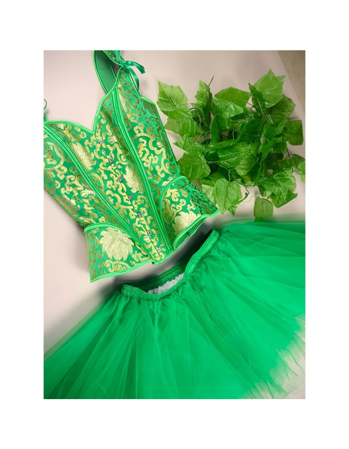 Sexy Green Jacquard Corset and TUTU Chiffon Dress Halloween and Easter Green Elf Corset Suit  2382