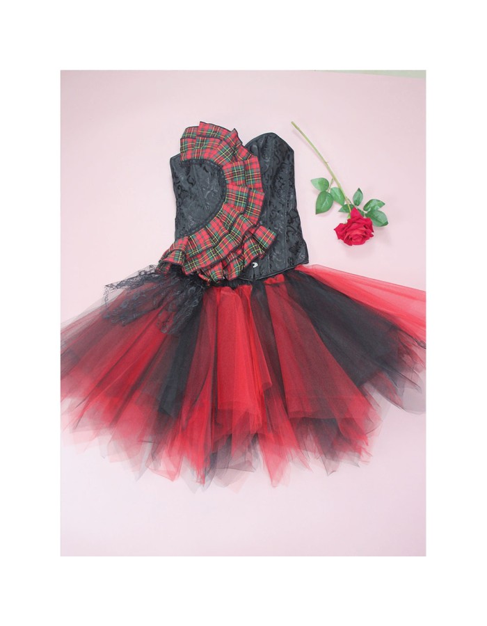 Traditional Checkered Lace Jacquard Corset Black and Red Mixed Color TUTU Chiffon Dress 2277