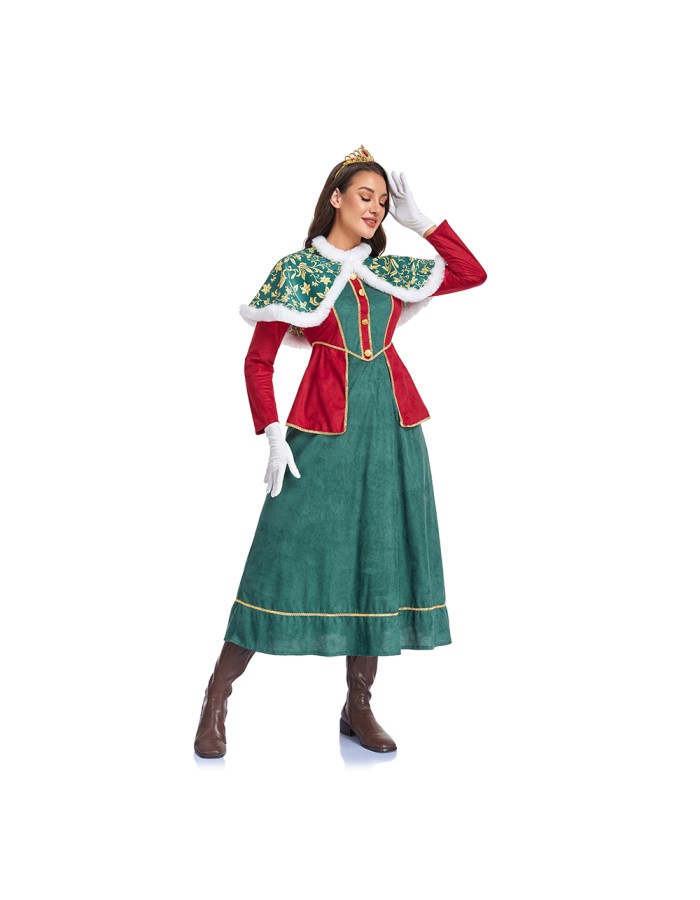 Santa Claus New Year's Party Women's Role-Playing Red and Green Dress and Cape Suit Queen Carnival Stage Performance Gown DL2083