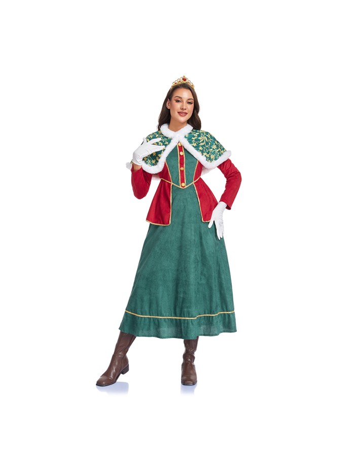 Santa Claus New Year's Party Women's Role-Playing Red and Green Dress and Cape Suit Queen Carnival Stage Performance Gown DL2083