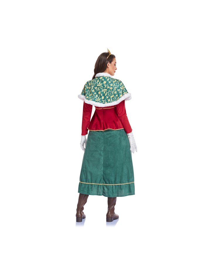 Santa Claus New Year's Party Women's Role-Playing Red and Green Dress and Cape Suit Queen Carnival Stage Performance Gown DL2083
