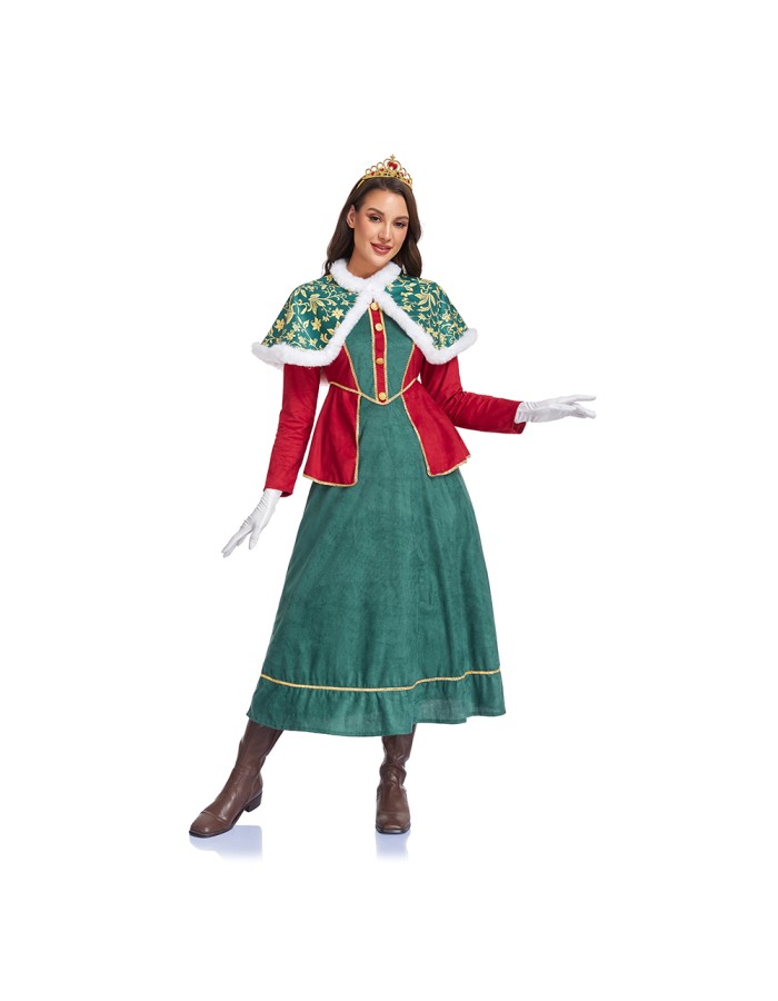 Santa Claus New Year's Party Women's Role-Playing Red and Green Dress and Cape Suit Queen Carnival Stage Performance Gown DL2083