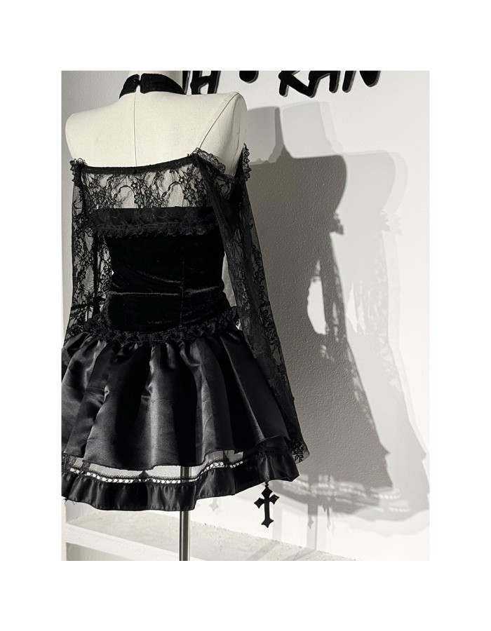 Sexy Punk-style Short Lace Shawl Cosplay Halloween Gothic Style Top And Skirt Adult Women's Nun Plush Strapless Uniform Set DL2081