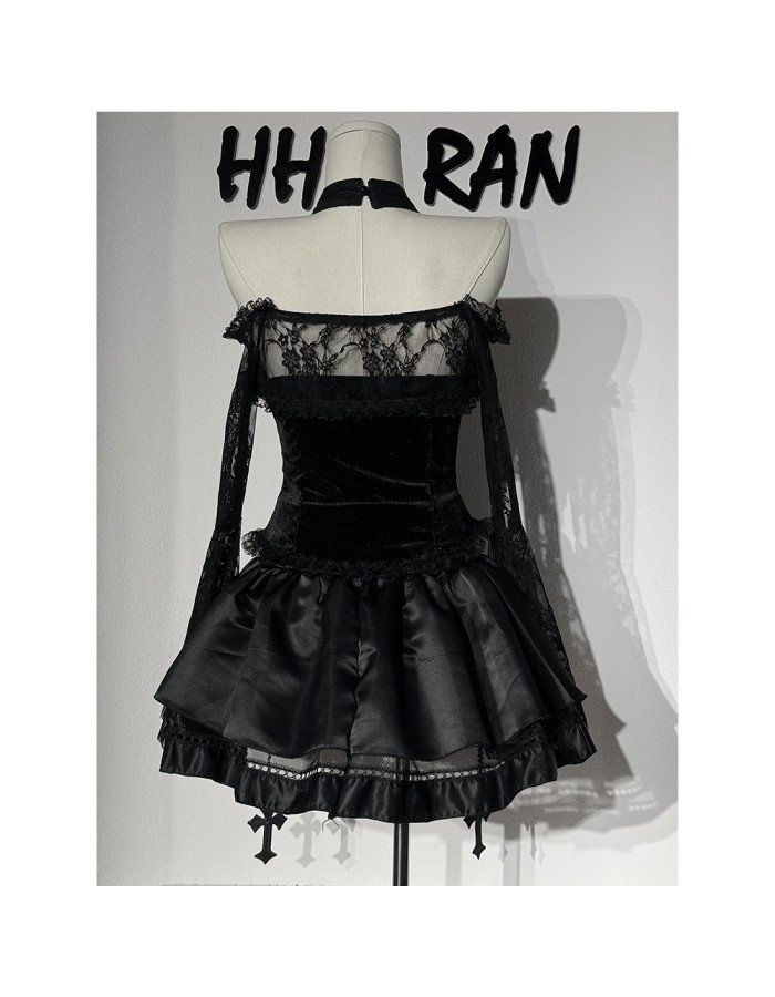 Sexy Punk-style Short Lace Shawl Cosplay Halloween Gothic Style Top And Skirt Adult Women's Nun Plush Strapless Uniform Set DL2081