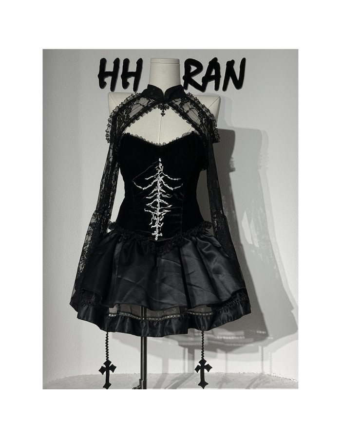 Sexy Punk-style Short Lace Shawl Cosplay Halloween Gothic Style Top And Skirt Adult Women's Nun Plush Strapless Uniform Set DL2081