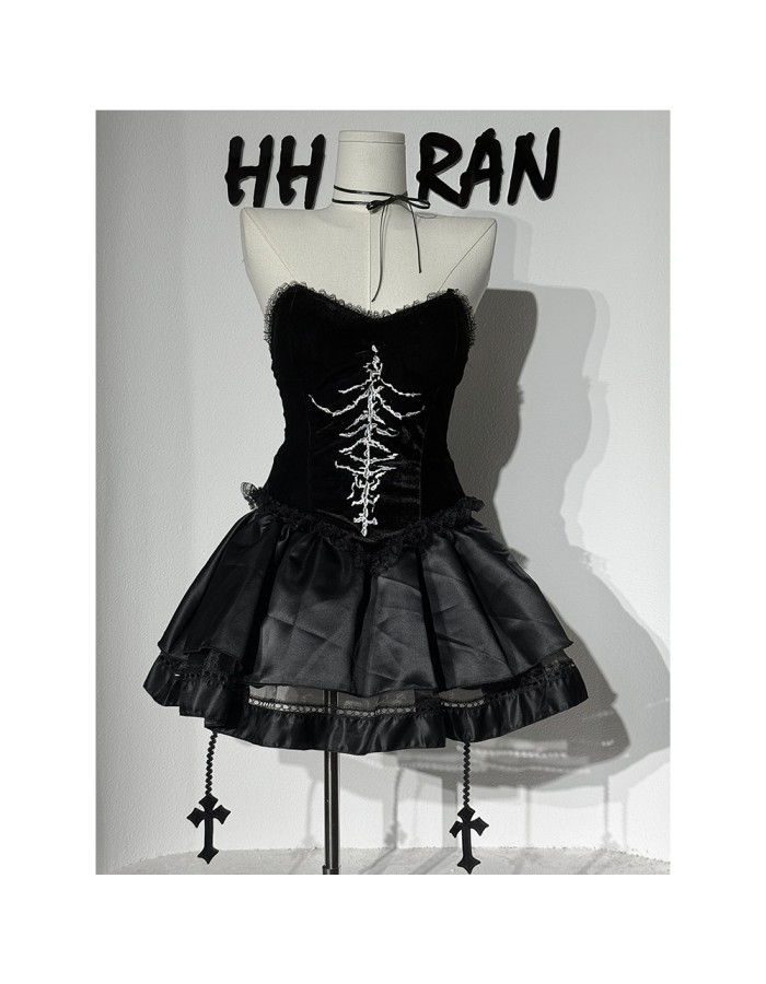 Sexy Punk-style Short Lace Shawl Cosplay Halloween Gothic Style Top And Skirt Adult Women's Nun Plush Strapless Uniform Set DL2081