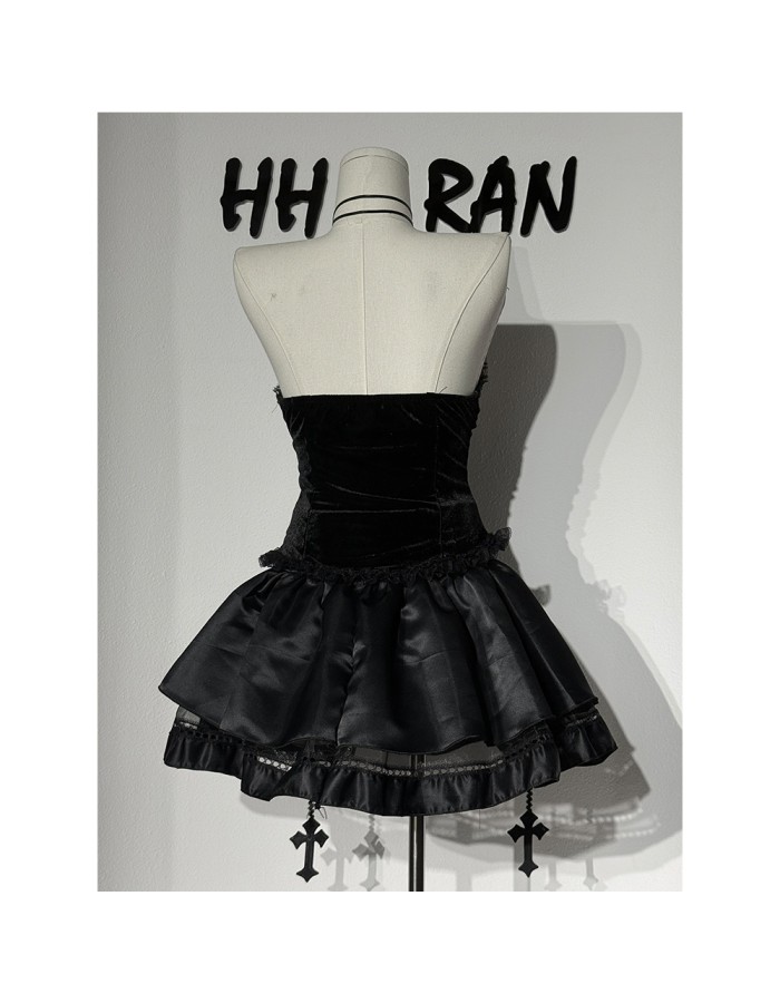 Sexy Punk-style Short Lace Shawl Cosplay Halloween Gothic Style Top And Skirt Adult Women's Nun Plush Strapless Uniform Set DL2081