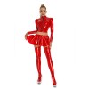 Sexy PU Leather Women's Skirts Sets Shiny Flared Pleated Skirts With Zipper Crop Tops Dance Clothing Punk XX6395