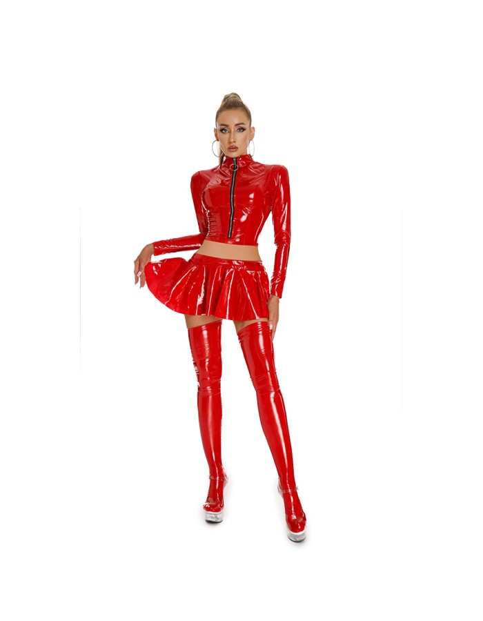 Sexy PU Leather Women's Skirts Sets Shiny Flared Pleated Skirts With Zipper Crop Tops Dance Clothing Punk XX6395
