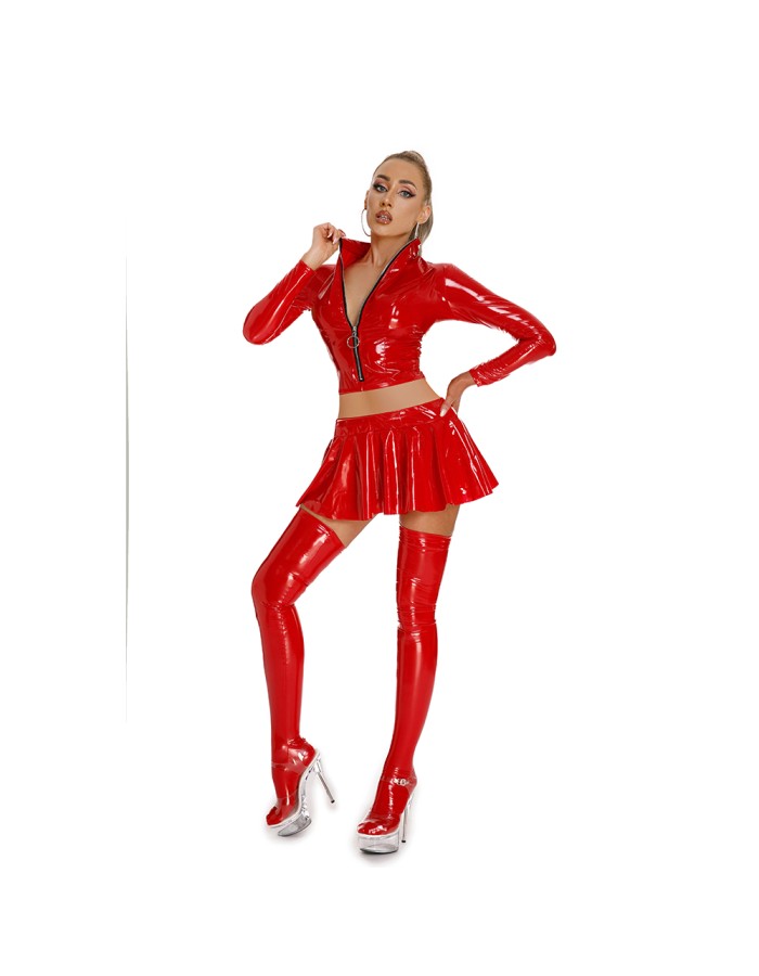 Sexy PU Leather Women's Skirts Sets Shiny Flared Pleated Skirts With Zipper Crop Tops Dance Clothing Punk XX6395