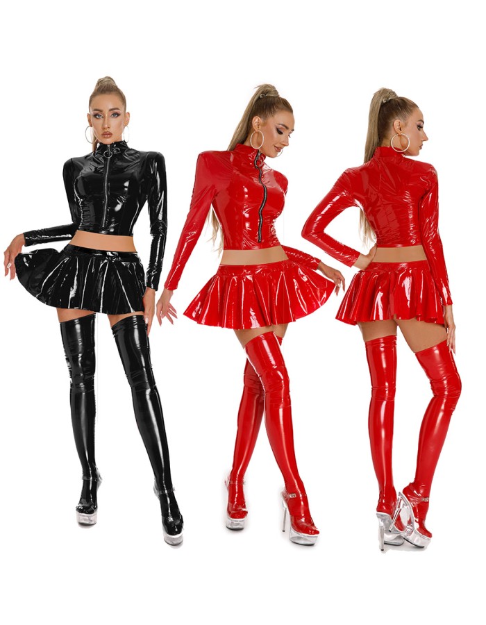 Sexy PU Leather Women's Skirts Sets Shiny Flared Pleated Skirts With Zipper Crop Tops Dance Clothing Punk XX6395