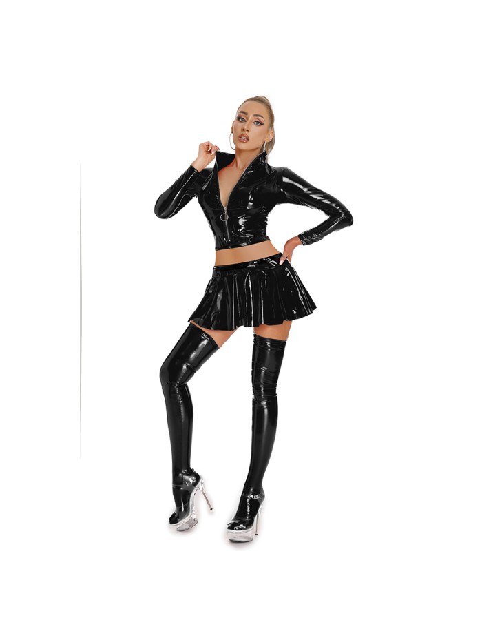 Sexy PU Leather Women's Skirts Sets Shiny Flared Pleated Skirts With Zipper Crop Tops Dance Clothing Punk XX6395