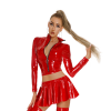 Sexy PU Leather Women's Skirts Sets Shiny Flared Pleated Skirts With Zipper Crop Tops Dance Clothing Punk XX6395