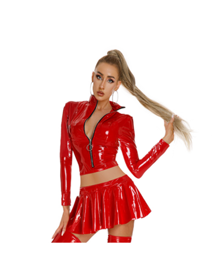Sexy PU Leather Women's Skirts Sets Shiny Flared Pleated Skirts With Zipper Crop Tops Dance Clothing Punk XX6395