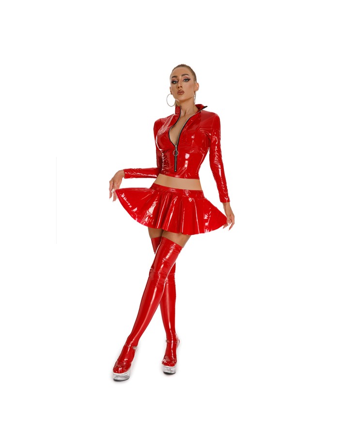 Sexy PU Leather Women's Skirts Sets Shiny Flared Pleated Skirts With Zipper Crop Tops Dance Clothing Punk XX6395