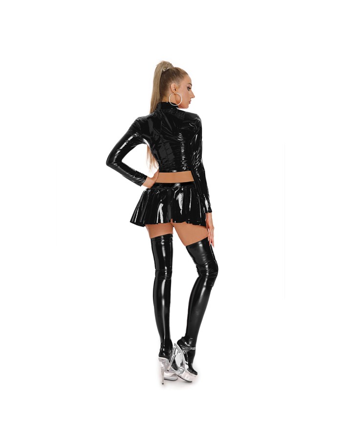 Sexy PU Leather Women's Skirts Sets Shiny Flared Pleated Skirts With Zipper Crop Tops Dance Clothing Punk XX6395