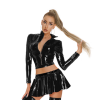 Sexy PU Leather Women's Skirts Sets Shiny Flared Pleated Skirts With Zipper Crop Tops Dance Clothing Punk XX6395