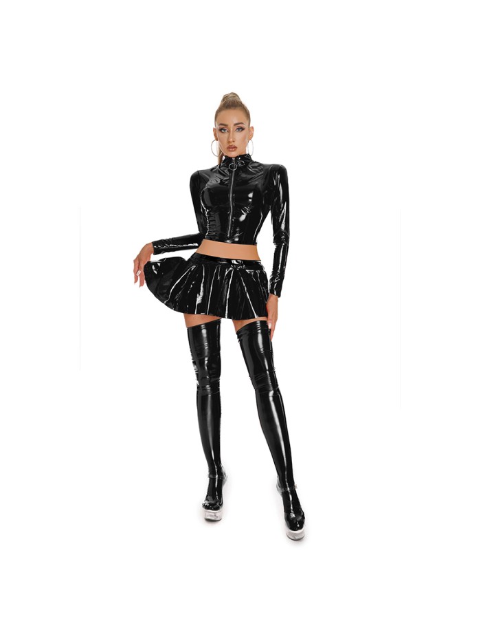 Sexy PU Leather Women's Skirts Sets Shiny Flared Pleated Skirts With Zipper Crop Tops Dance Clothing Punk XX6395
