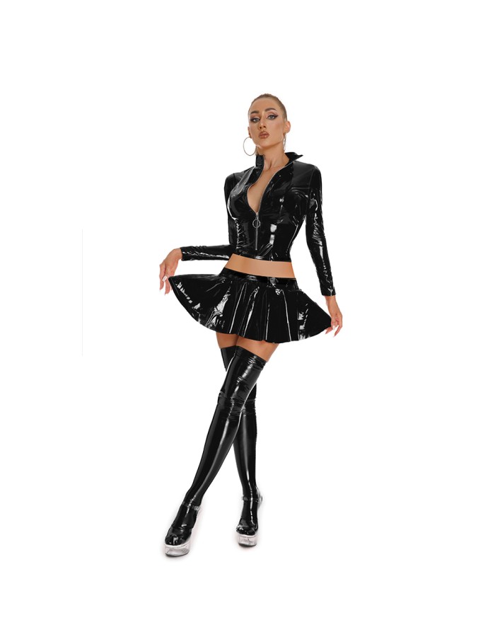 Sexy PU Leather Women's Skirts Sets Shiny Flared Pleated Skirts With Zipper Crop Tops Dance Clothing Punk XX6395