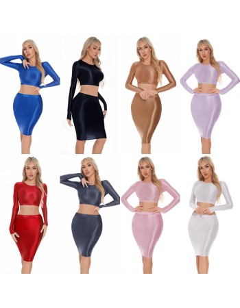 Smooth Shiny Skirt Oil Glossy Tube Micro Mini Skirt Elastic Bandage Tights Package Hip Dress With Top XX70095