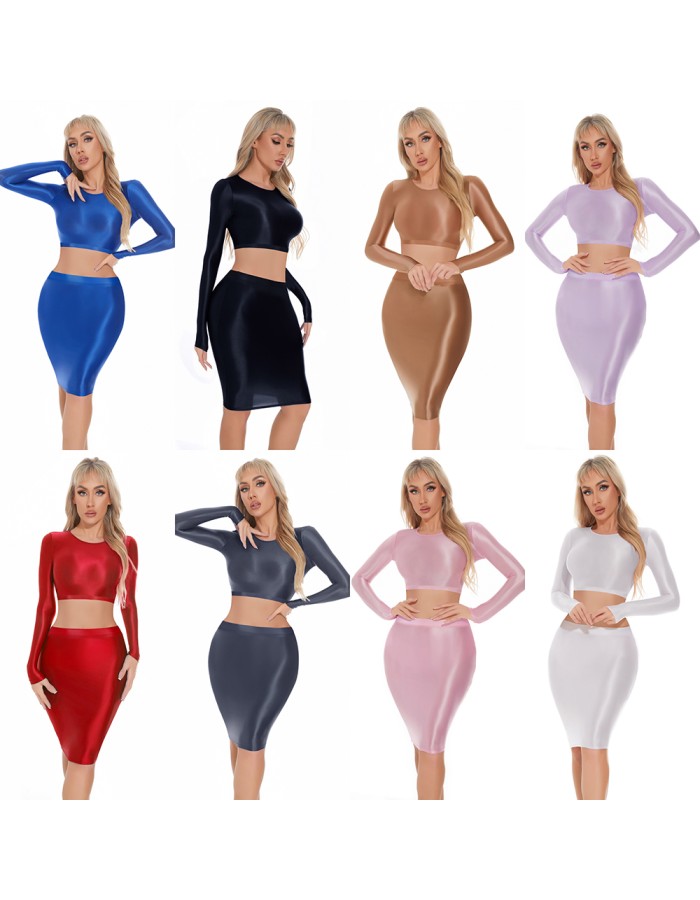 Smooth Shiny Skirt Oil Glossy Tube Micro Mini Skirt Elastic Bandage Tights Package Hip Dress With Top XX70095