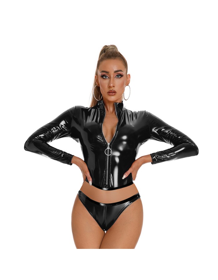 Sexy Shiny PVC Leather Blouse Wet Look Long Sleeve Shirt High Street Lady Black Red Slim Fit Tops Fetish with Briefs XX68665