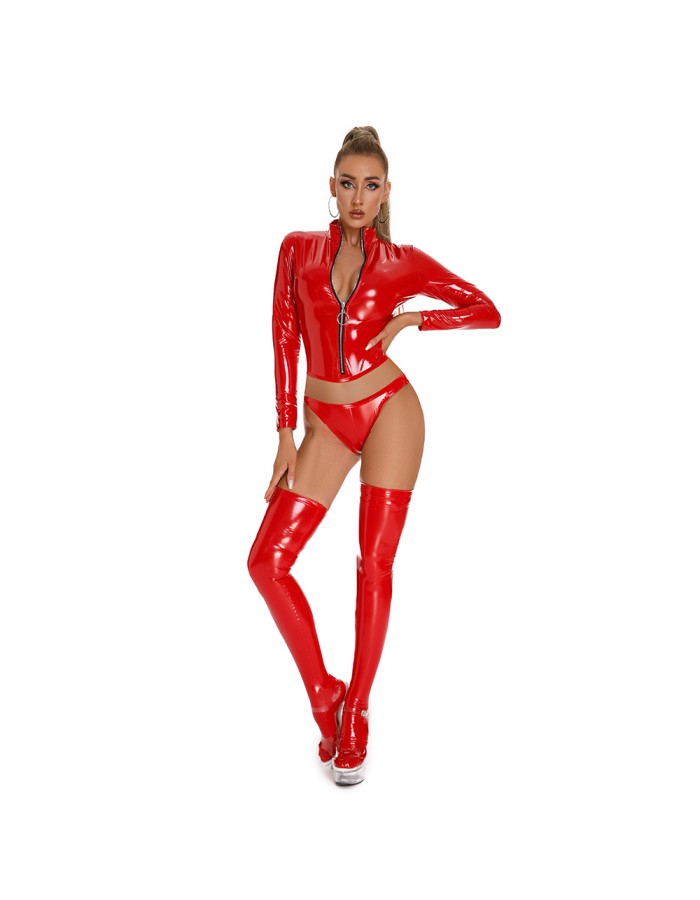 Sexy Shiny PVC Leather Blouse Wet Look Long Sleeve Shirt High Street Lady Black Red Slim Fit Tops Fetish with Briefs XX68665