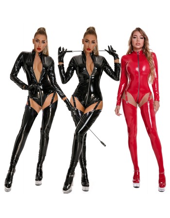 PVC PU Glossy Shiny High Cut Bodysuit Faux Leather Long Zipper Open Crotch Tights Bandage Maid Garter Leotard XX68168