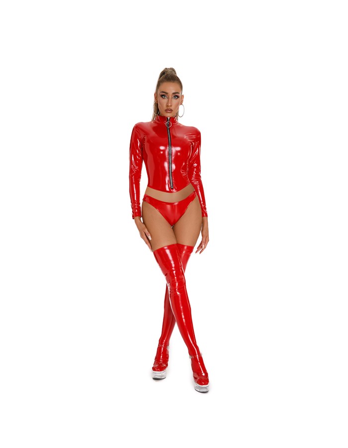 Sexy Shiny PVC Leather Blouse Wet Look Long Sleeve Shirt High Street Lady Black Red Slim Fit Tops Fetish with Briefs XX68665