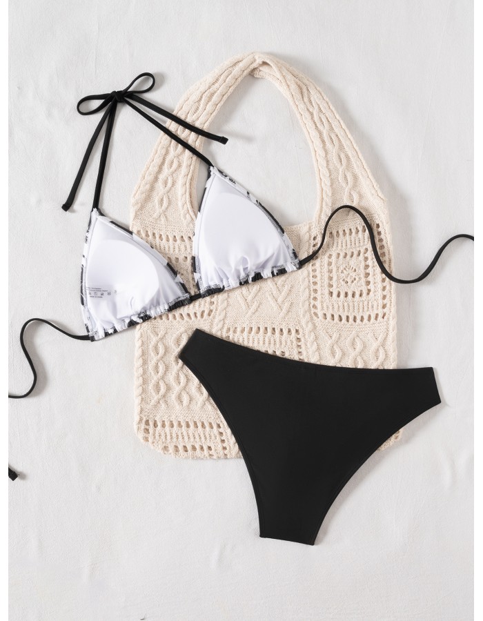 Sexy Black Portrait Print Swimwear String Halter Triangle Bikini Set Swimsuit Bathing Suit Bikinis CC602BK