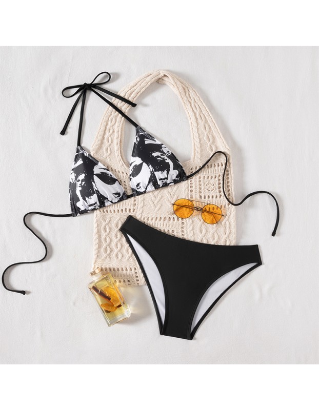 Sexy Black Portrait Print Swimwear String Halter Triangle Bikini Set Swimsuit Bathing Suit Bikinis CC602BK