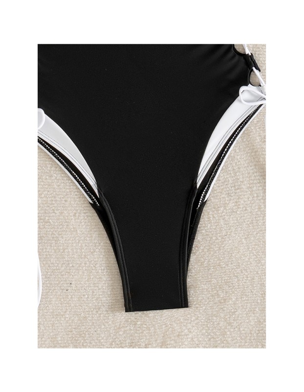 S - XL New Splicing Lace Up One Piece Swimsuit Women Swimwear Female High Leg Cut Monokini Padded Bather Bathing Suit Swim CC609BK
