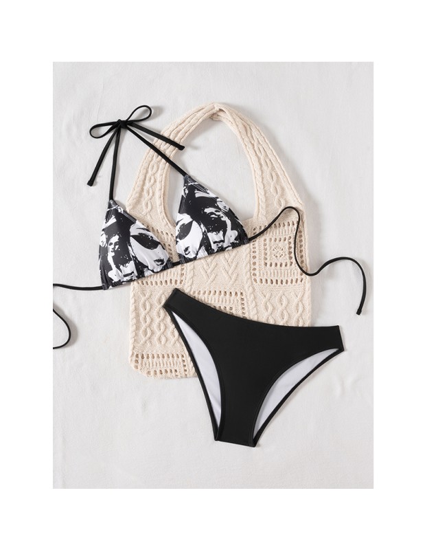 Sexy Black Portrait Print Swimwear String Halter Triangle Bikini Set Swimsuit Bathing Suit Bikinis CC602BK