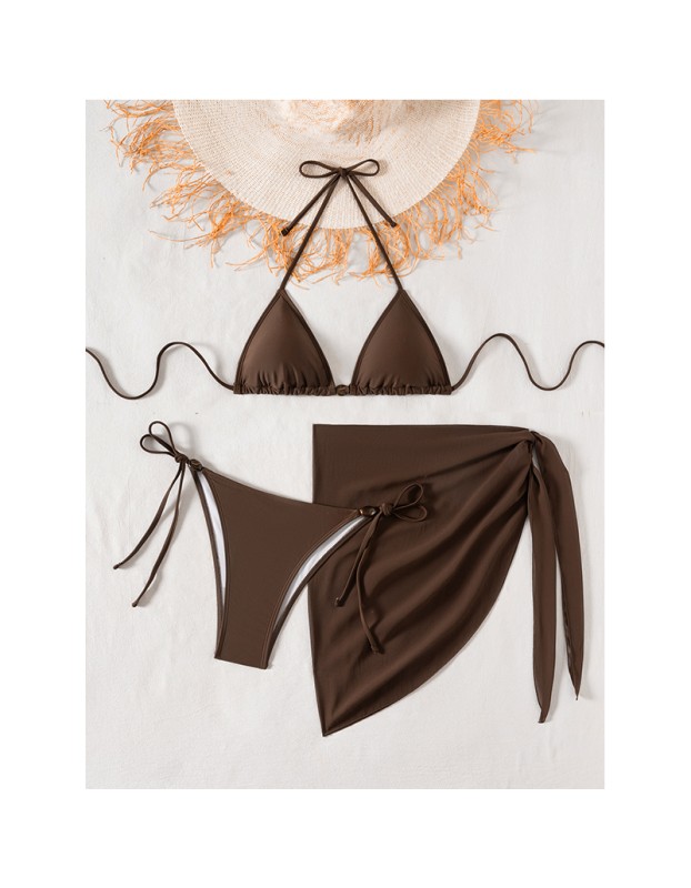 Women's Bikinis And Tankinis New Solid Color Three Two Piece Outfits Sexy Bikini Swimsuit Set Neck Halter Leace-up Beachwear FF1279BR