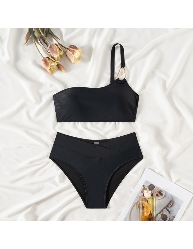 Sexy Metal Buckle One Shoulder Bikini Set Push up Cross High Waist Swimsuit Summer Bathing Suit Two Piece Swimwear CC600BK