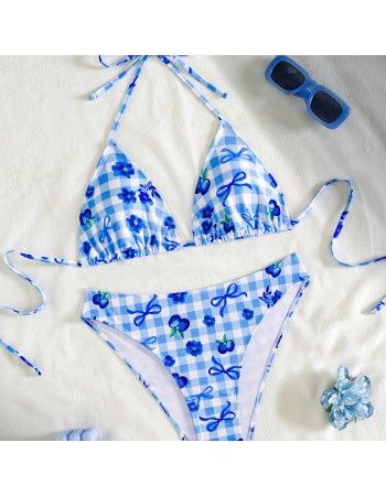 Blue Plaid Print String Halter Triangle Bikini Sexy Swimsuit Women 2026 Flower Ladies Swimwear Bathing Suit Bikinis Sets Mujer FF1285BL