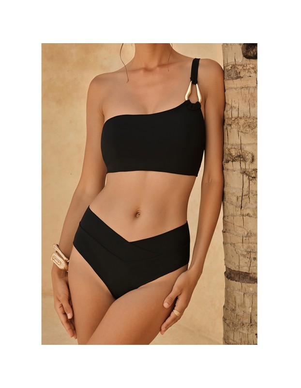 Sexy Metal Buckle One Shoulder Bikini Set Push up Cross High Waist Swimsuit Summer Bathing Suit Two Piece Swimwear CC600BK