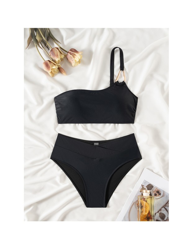 Sexy Metal Buckle One Shoulder Bikini Set Push up Cross High Waist Swimsuit Summer Bathing Suit Two Piece Swimwear CC600BK