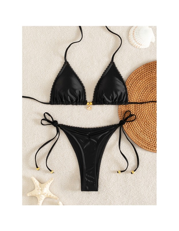 Solid Color Pendant Small Lace Ruffle Sexy Girl Swimsuit Set Bikini for Women FF1283BK