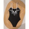 Vintage Black White Contrast One Piece Swimsuit Hollow Out Backless Cross Beach Bathing Suit Holiday Swimwear CC608BK