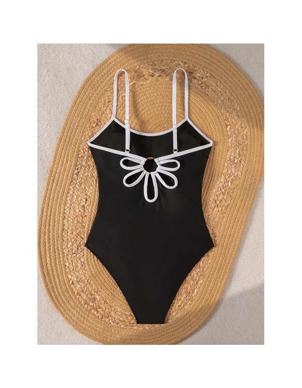 Vintage Black White Contrast One Piece Swimsuit Hollow Out Backless Cross Beach Bathing Suit Holiday Swimwear CC608BK