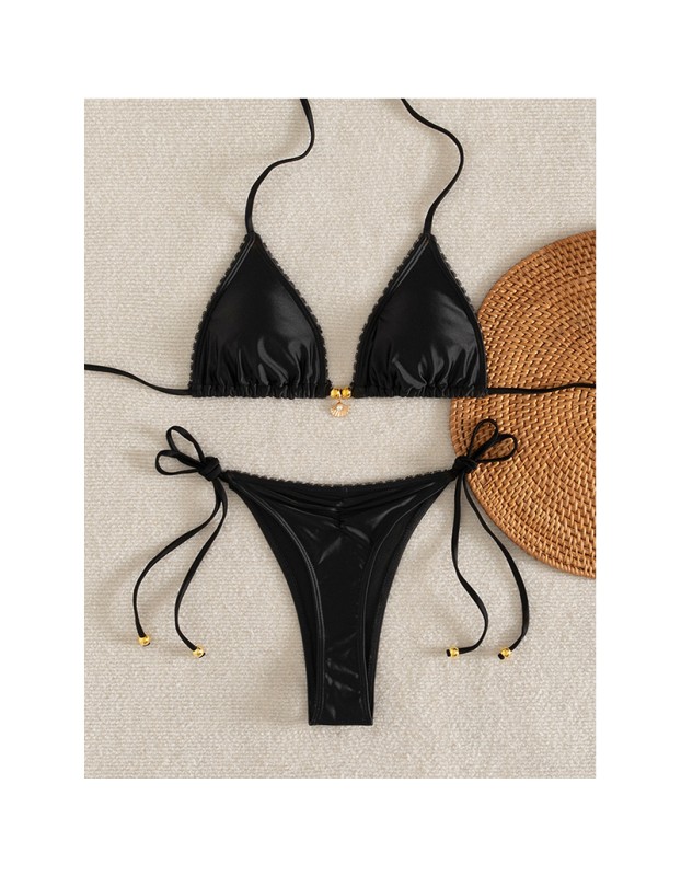Solid Color Pendant Small Lace Ruffle Sexy Girl Swimsuit Set Bikini for Women FF1283BK