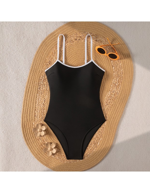 Vintage Black White Contrast One Piece Swimsuit Hollow Out Backless Cross Beach Bathing Suit Holiday Swimwear CC608BK