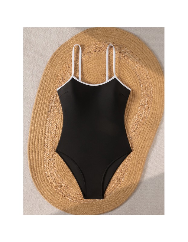Vintage Black White Contrast One Piece Swimsuit Hollow Out Backless Cross Beach Bathing Suit Holiday Swimwear CC608BK