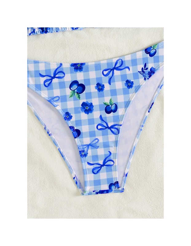Blue Plaid Print String Halter Triangle Bikini Sexy Swimsuit Women 2026 Flower Ladies Swimwear Bathing Suit Bikinis Sets Mujer FF1285BL