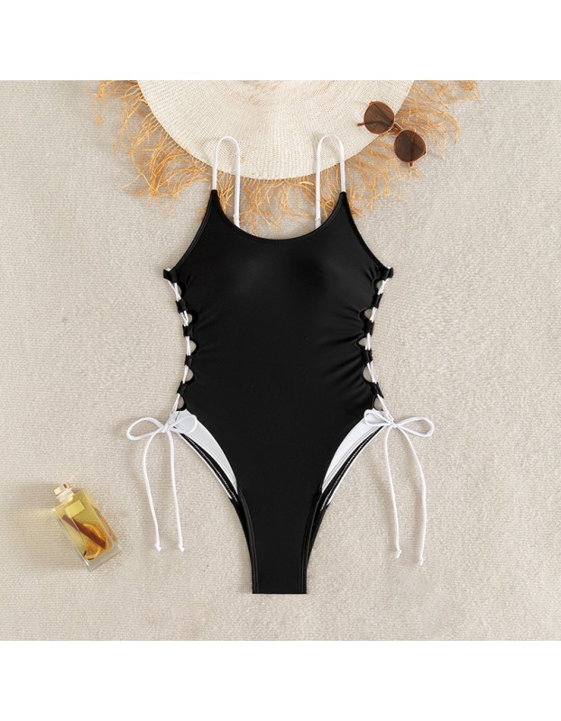 S - XL New Splicing Lace Up One Piece Swimsuit Women Swimwear Female High Leg Cut Monokini Padded Bather Bathing Suit Swim CC609BK
